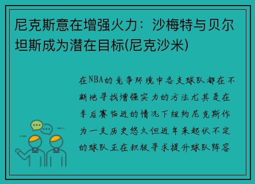 尼克斯意在增强火力：沙梅特与贝尔坦斯成为潜在目标(尼克沙米)