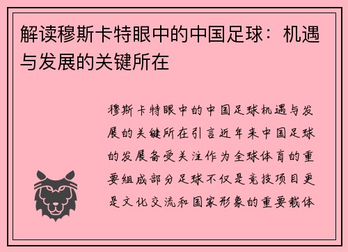 解读穆斯卡特眼中的中国足球：机遇与发展的关键所在