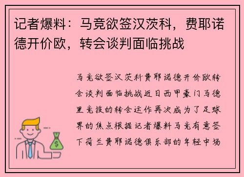 记者爆料：马竞欲签汉茨科，费耶诺德开价欧，转会谈判面临挑战