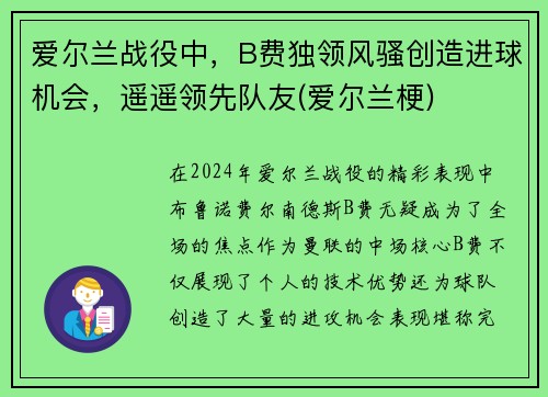 爱尔兰战役中，B费独领风骚创造进球机会，遥遥领先队友(爱尔兰梗)