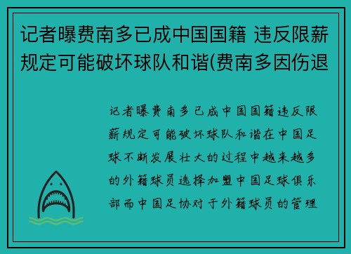 记者曝费南多已成中国国籍 违反限薪规定可能破坏球队和谐(费南多因伤退出国足集训)
