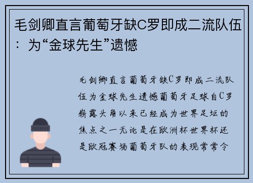 毛剑卿直言葡萄牙缺C罗即成二流队伍：为“金球先生”遗憾