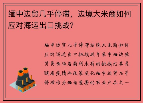 缅中边贸几乎停滞，边境大米商如何应对海运出口挑战？