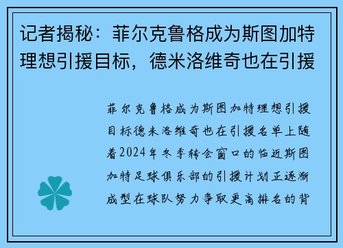 记者揭秘：菲尔克鲁格成为斯图加特理想引援目标，德米洛维奇也在引援名单上